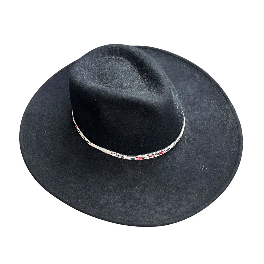 Wyeth Black Wool Felt Fedora Hat with Woven Geometric Band Adjustable OS